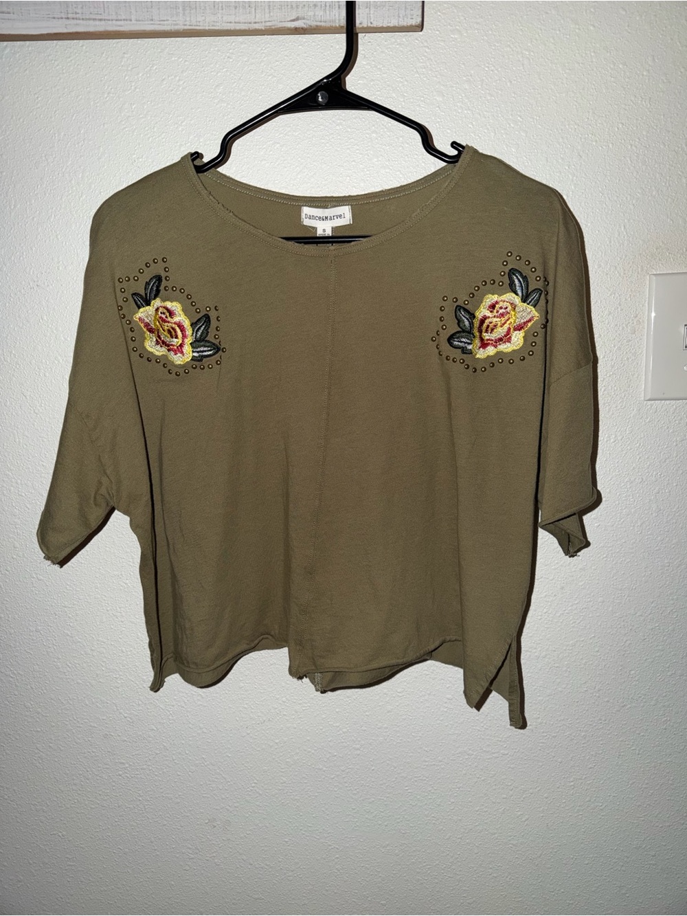 Dance & Marvel Olive Green Embroidered Rose Top - New